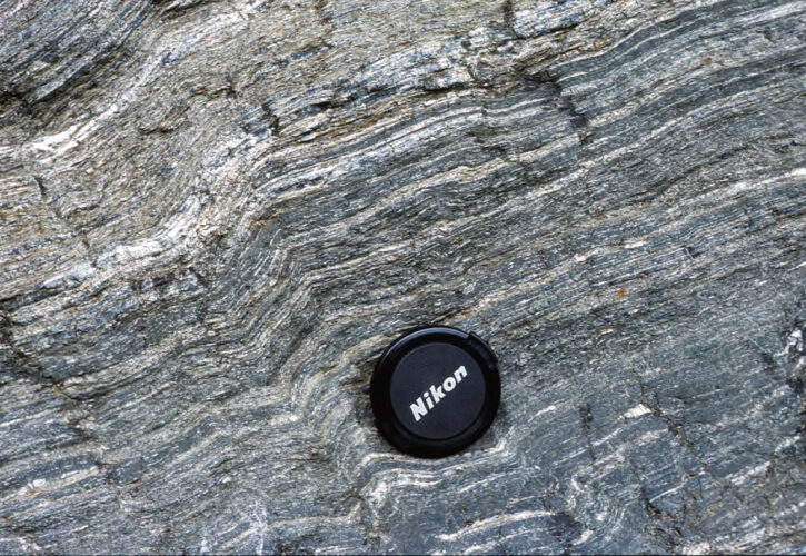Crystalline schist (metamorphic rock) from Omigawa River (Itoigawa UNESCO Global Geopark / Niigata Prefecture). Strong pressure underground has created fine patterns.