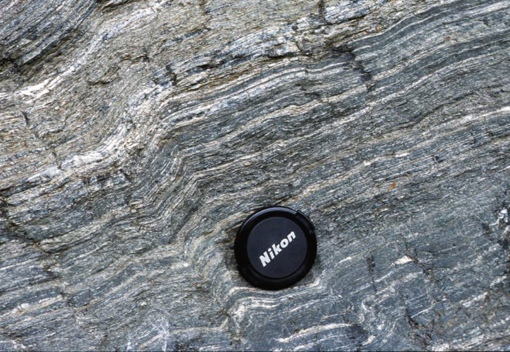 青梅川（新潟県 糸魚川ユネスコ世界ジオパーク）の結晶片岩（変成岩）。地下で強い力を受けたことで、
細かい模様ができました。